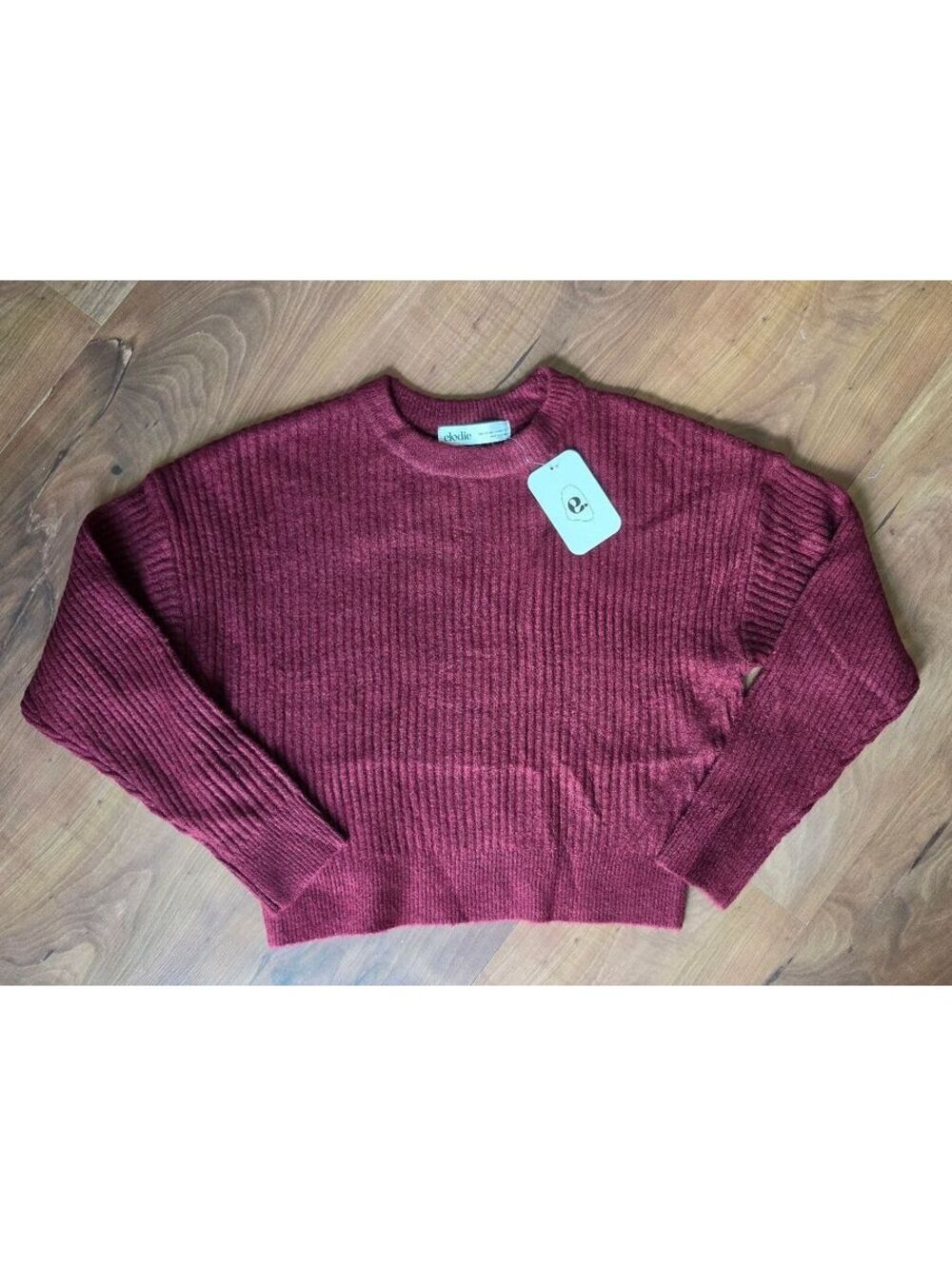 NWT Elodie Cropped Ribbed Knit Sweater Maroon Burgundy Size XS Crewneck, 286